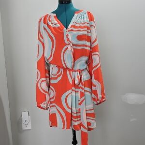 Banana Republic Orange,White, Bluish Bishop Sleeve Dress. Sz 8